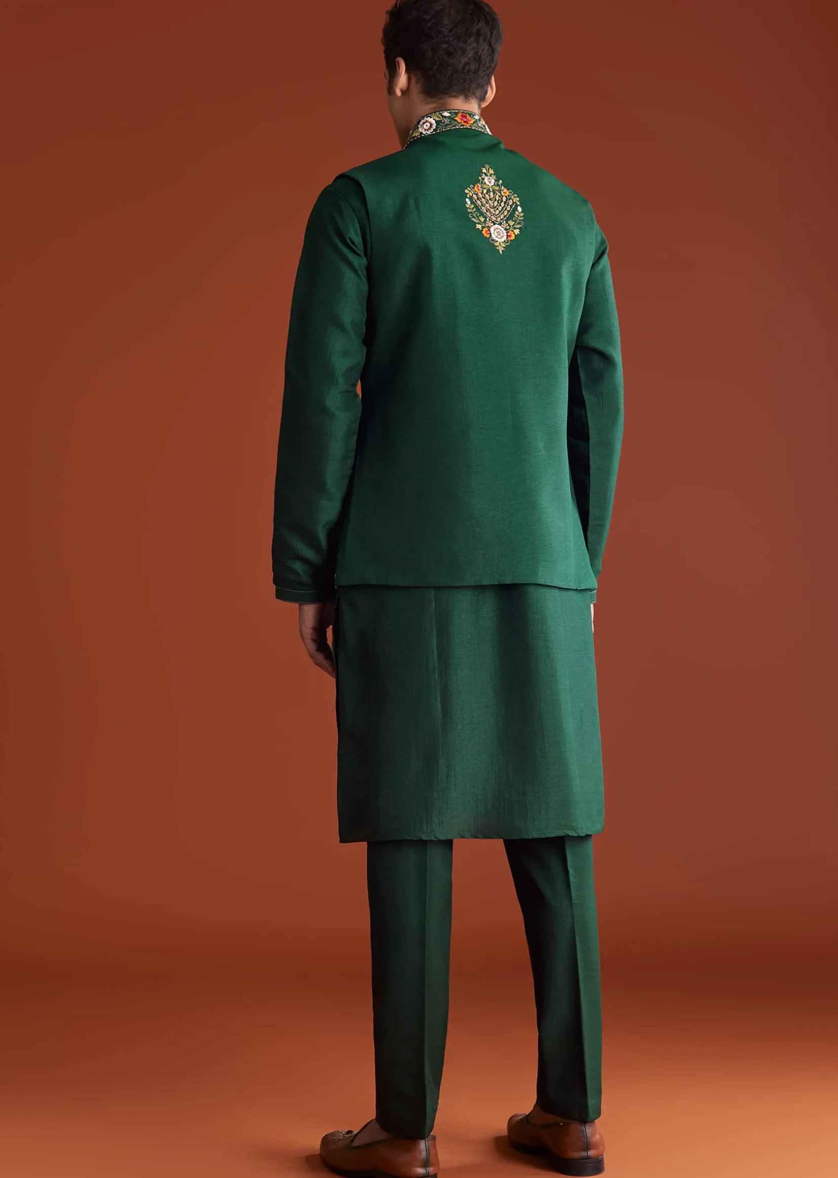 Bottle Green Silk Kurta Jacket Set With Multi Thread And Mirror Work