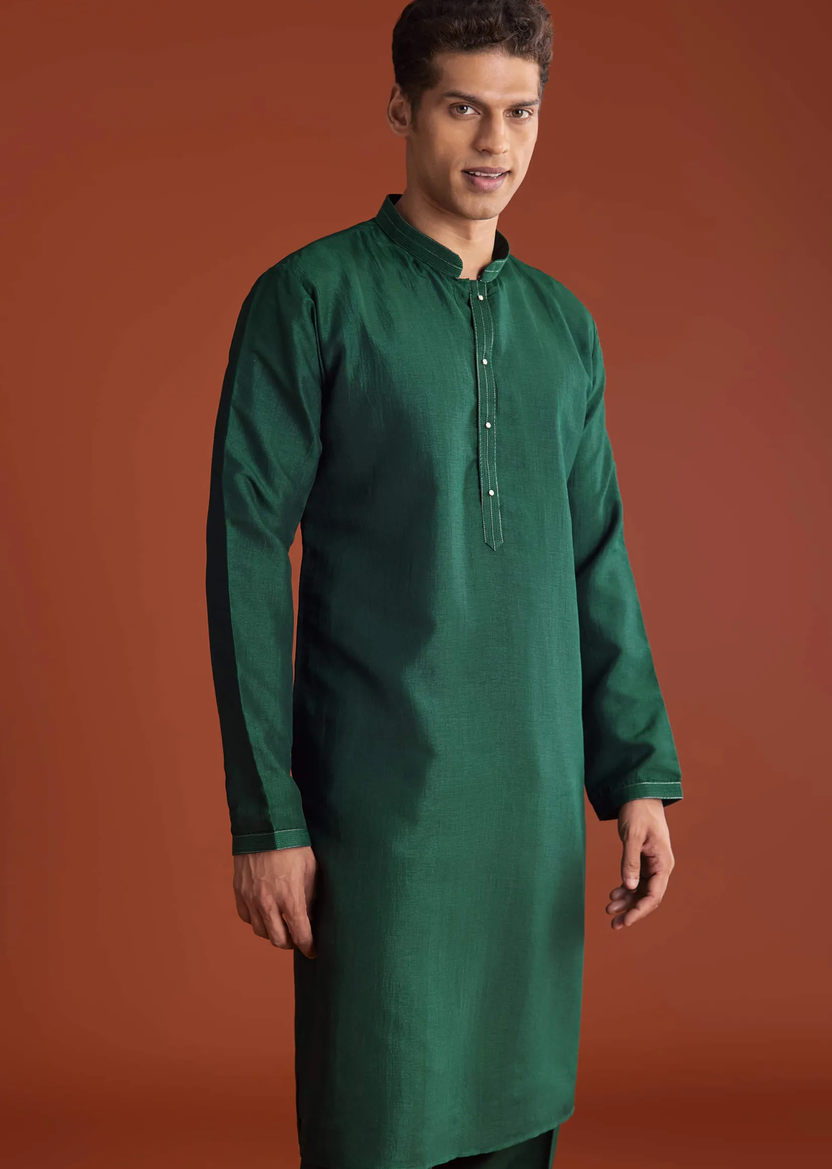 Bottle Green Silk Kurta Jacket Set With Multi Thread And Mirror Work