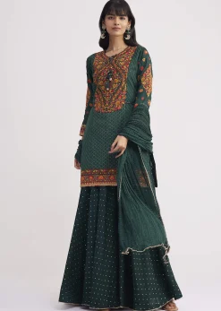 Bottle Green Silk Kurta Sharara With Chiffon Dupatta