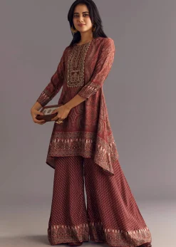 Brick Orange Satin Paisley Print Kurta Sharara Set With Cutdana Neckline
