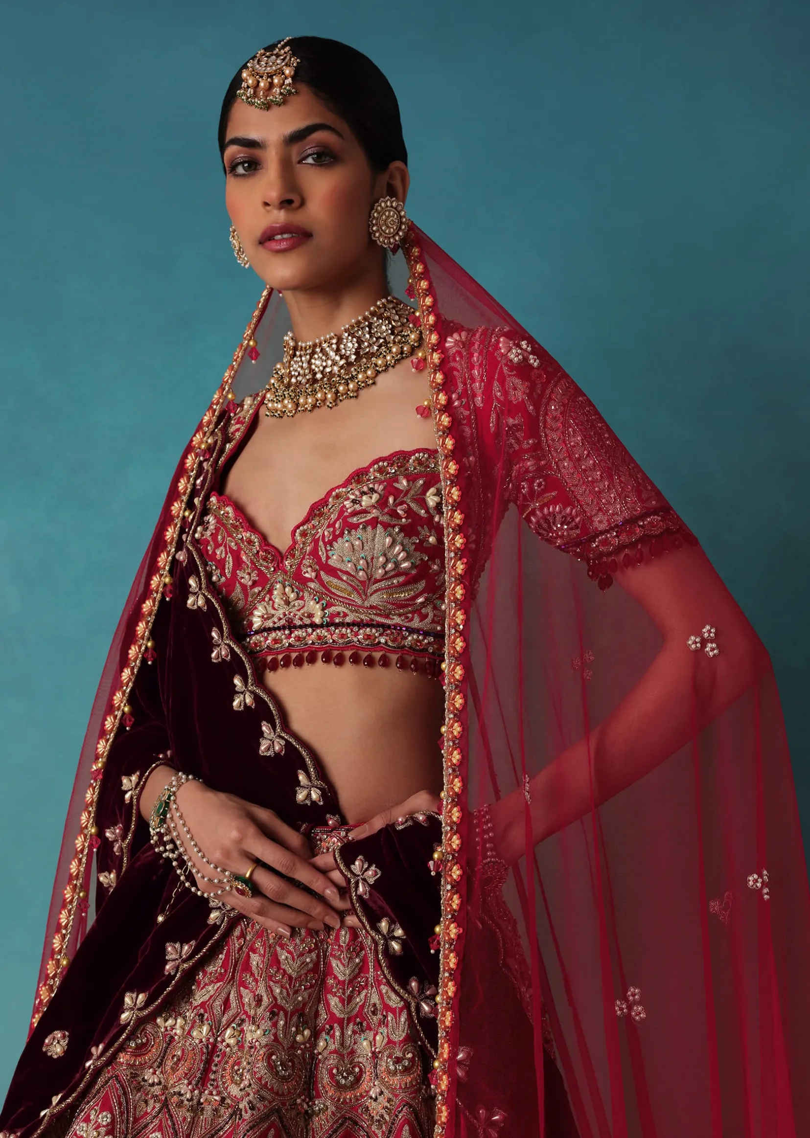 Brick Red Velvet Bridal Lehenga Set With Aari Work
