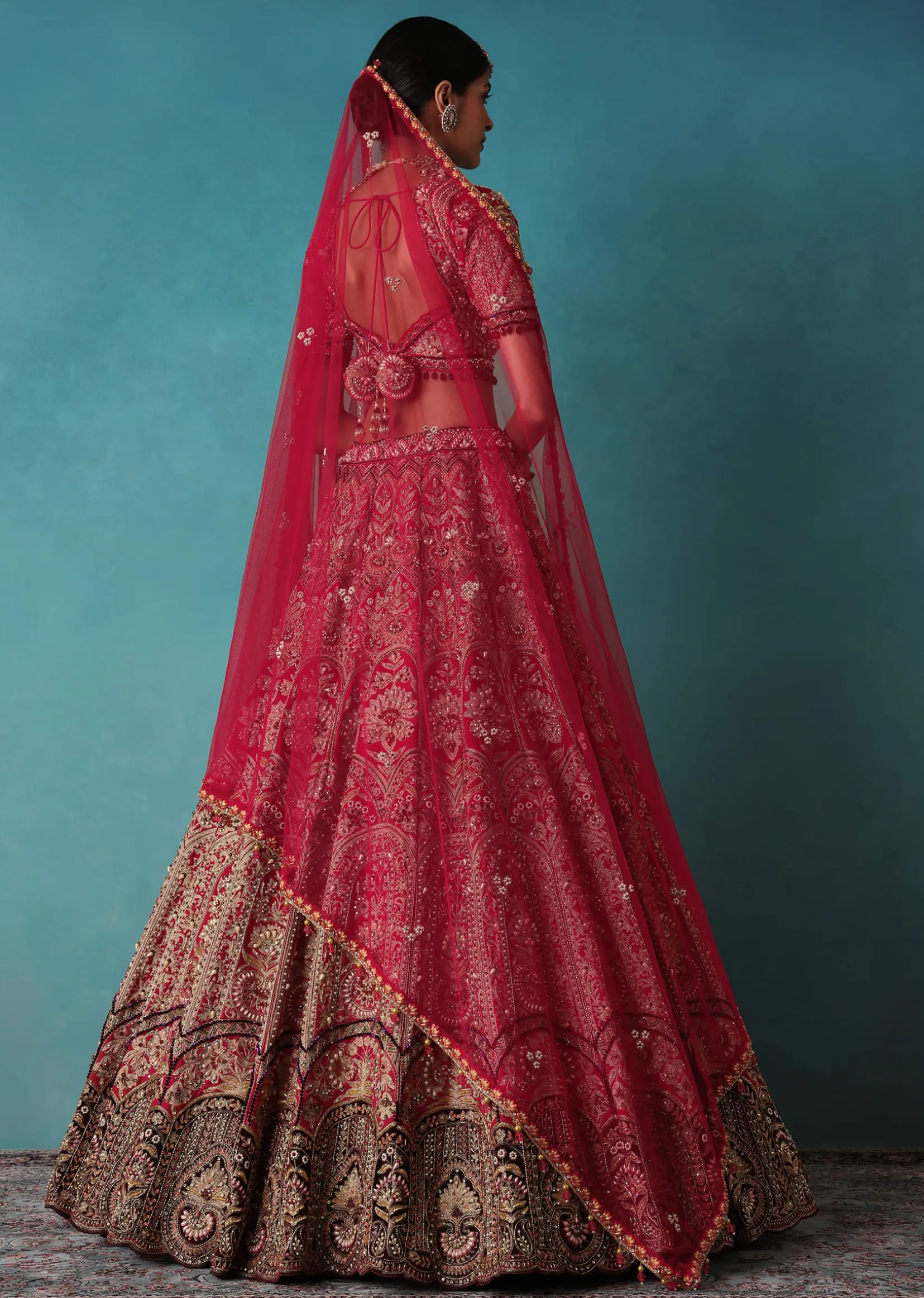 Brick Red Velvet Bridal Lehenga Set With Aari Work