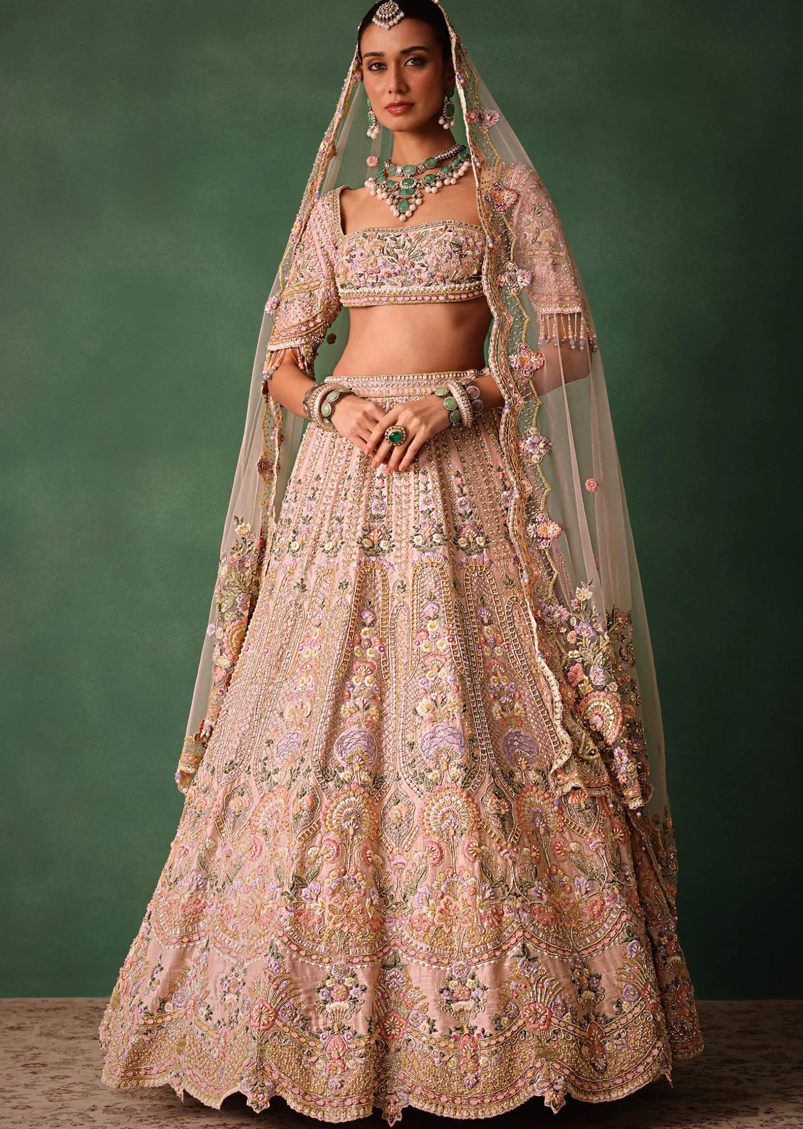 Bridal Pink Lehenga With Floral Embroidered Blouse And Scallop Dupatta