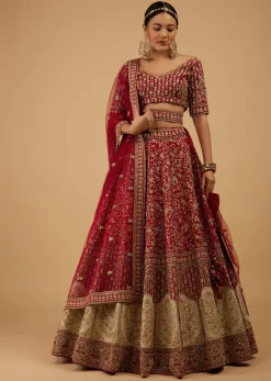 Bride And Baraat Apple Red Fully Embroidered Lavish Lehenga Choli With Belt