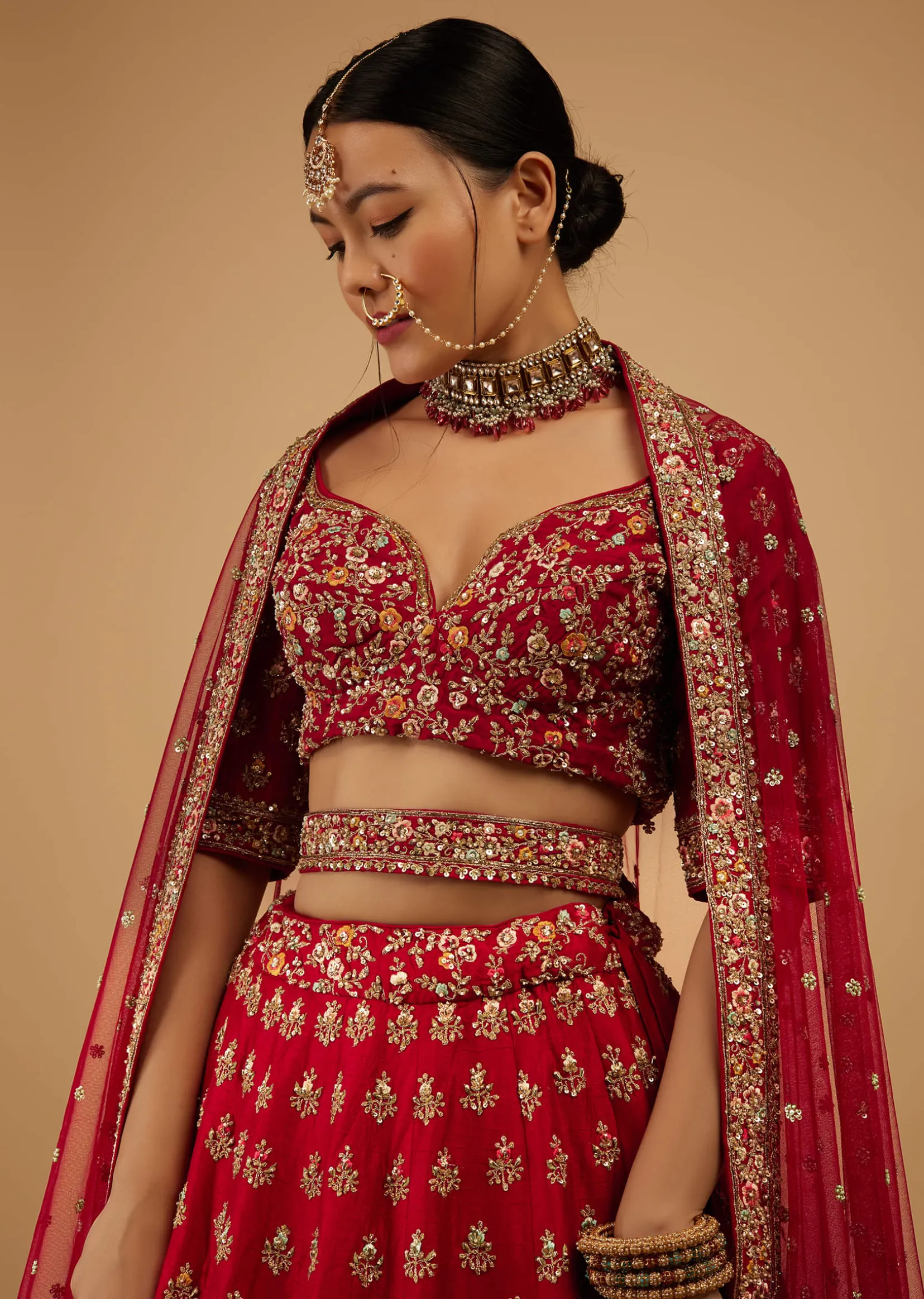 Bride And Baraat Cherry Red Fully Embroidered Lavish Lehenga Choli With Belt