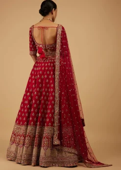 Bride And Baraat Cherry Red Fully Embroidered Lavish Lehenga Choli With Belt