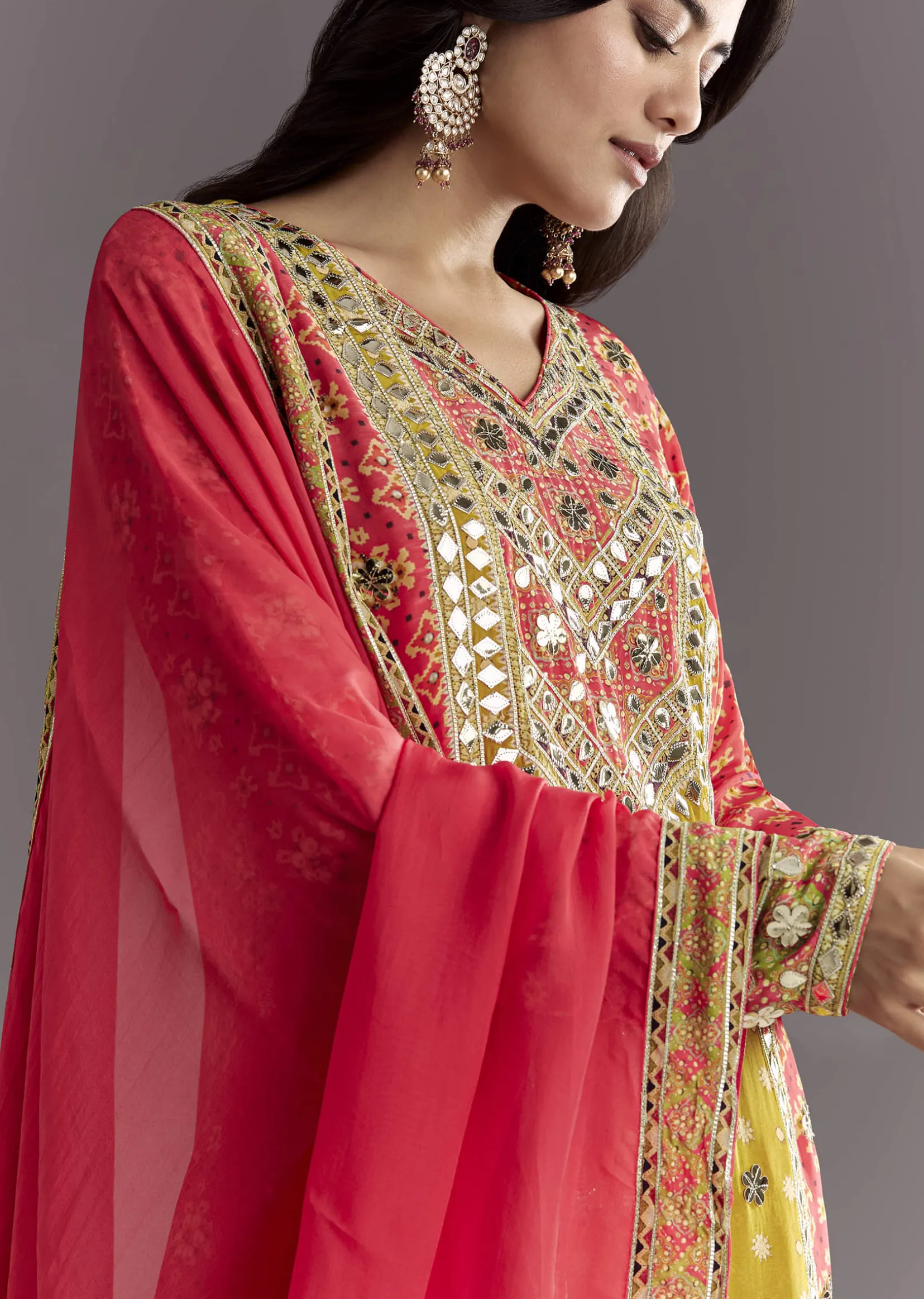 Bright Coral Pink Printed Leather Patch Kurta Sharara With Organza Dupatta