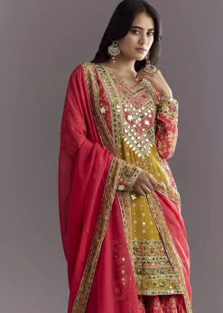 Bright Coral Pink Printed Leather Patch Kurta Sharara With Organza Dupatta