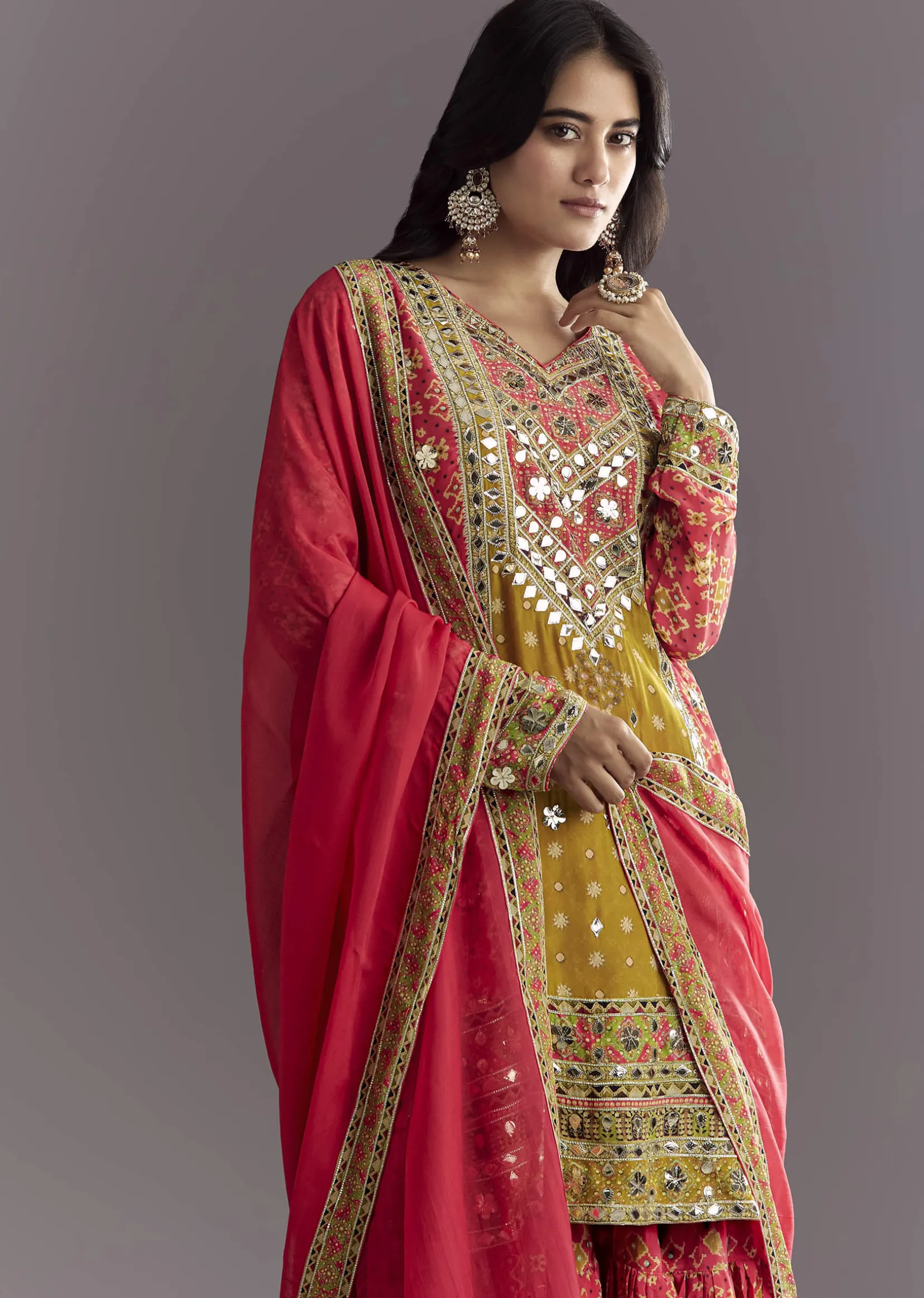 Bright Coral Pink Printed Leather Patch Kurta Sharara With Organza Dupatta