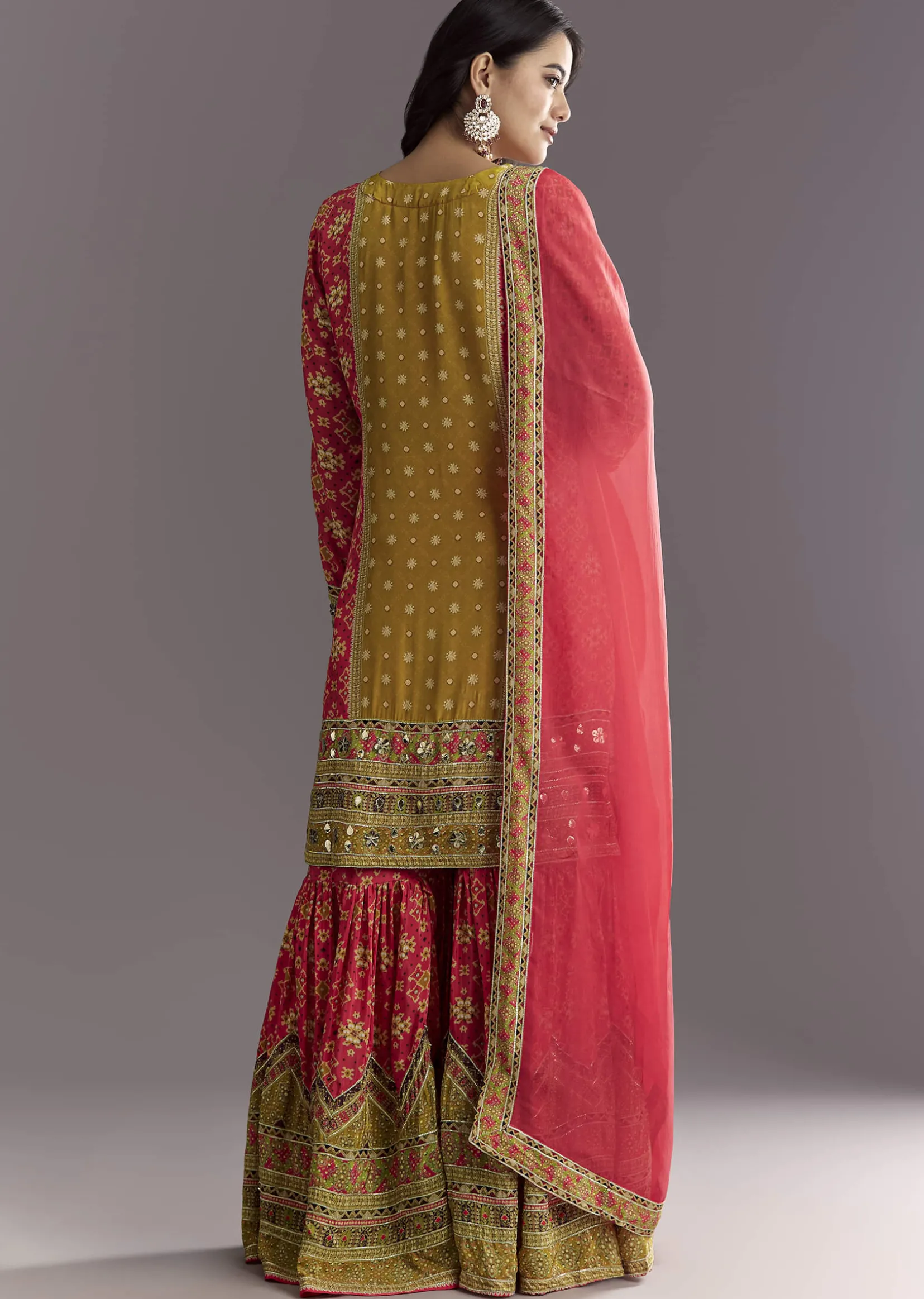 Bright Coral Pink Printed Leather Patch Kurta Sharara With Organza Dupatta