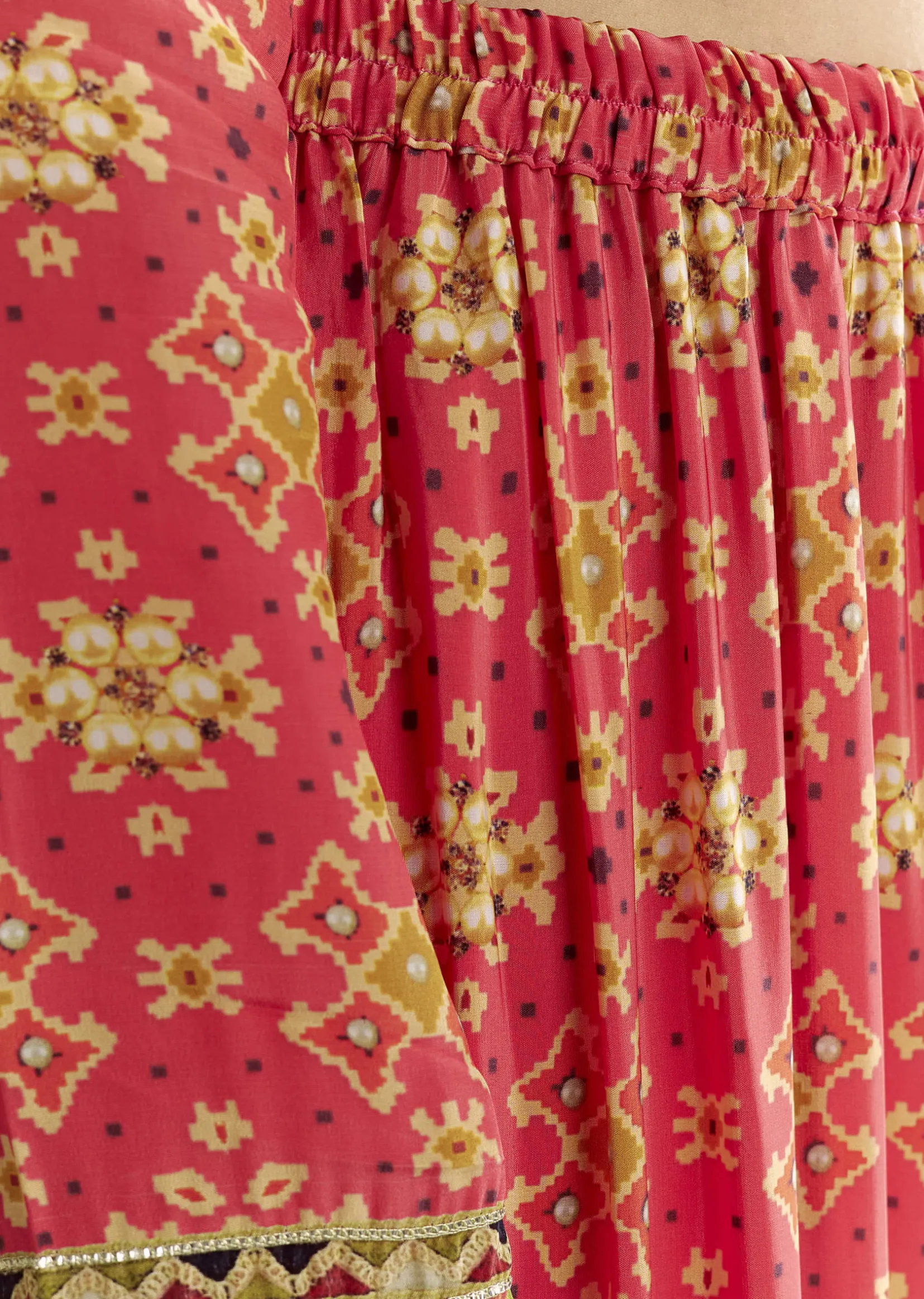 Bright Coral Pink Printed Leather Patch Kurta Sharara With Organza Dupatta