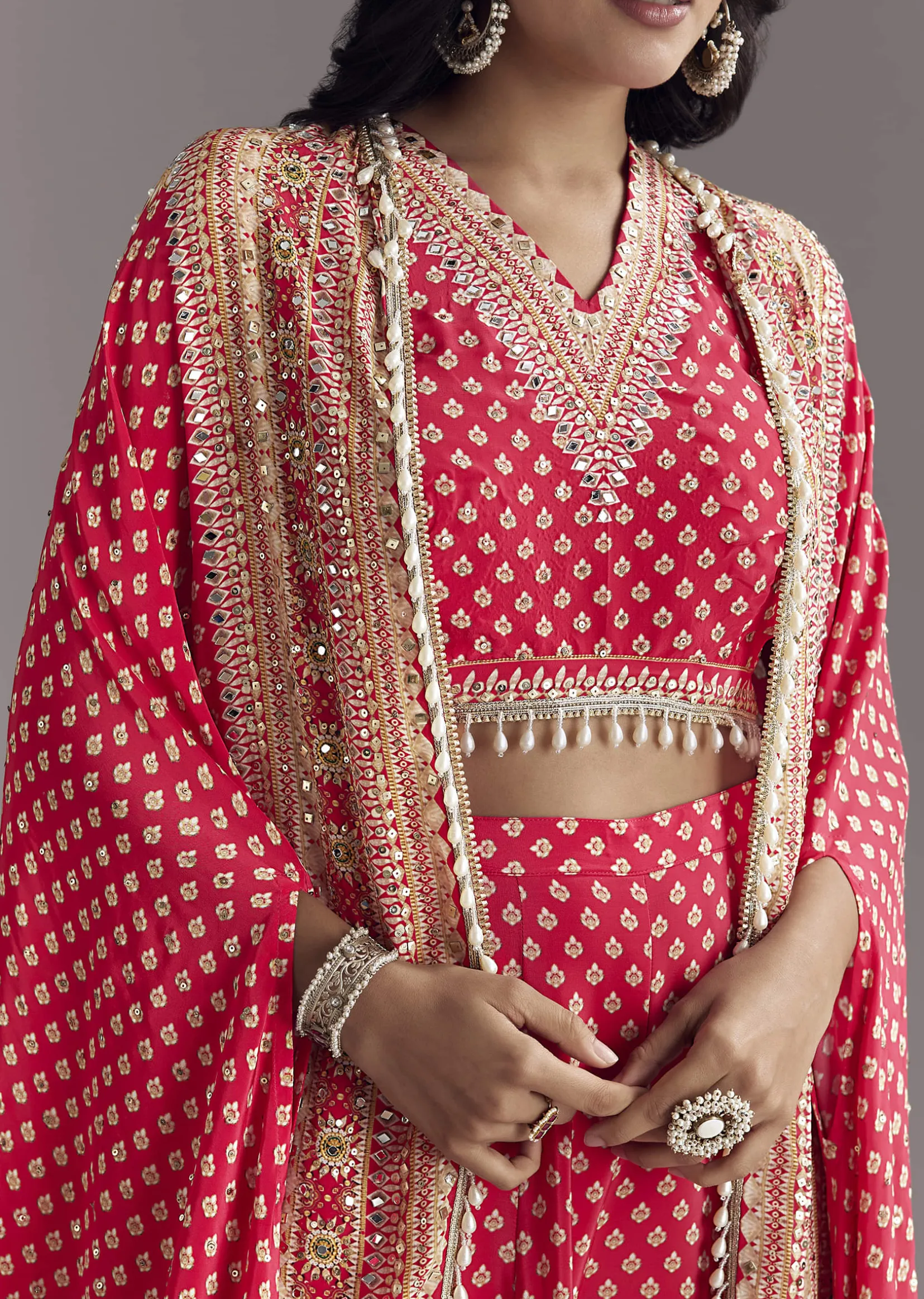 Bright Red Printed Cape Set