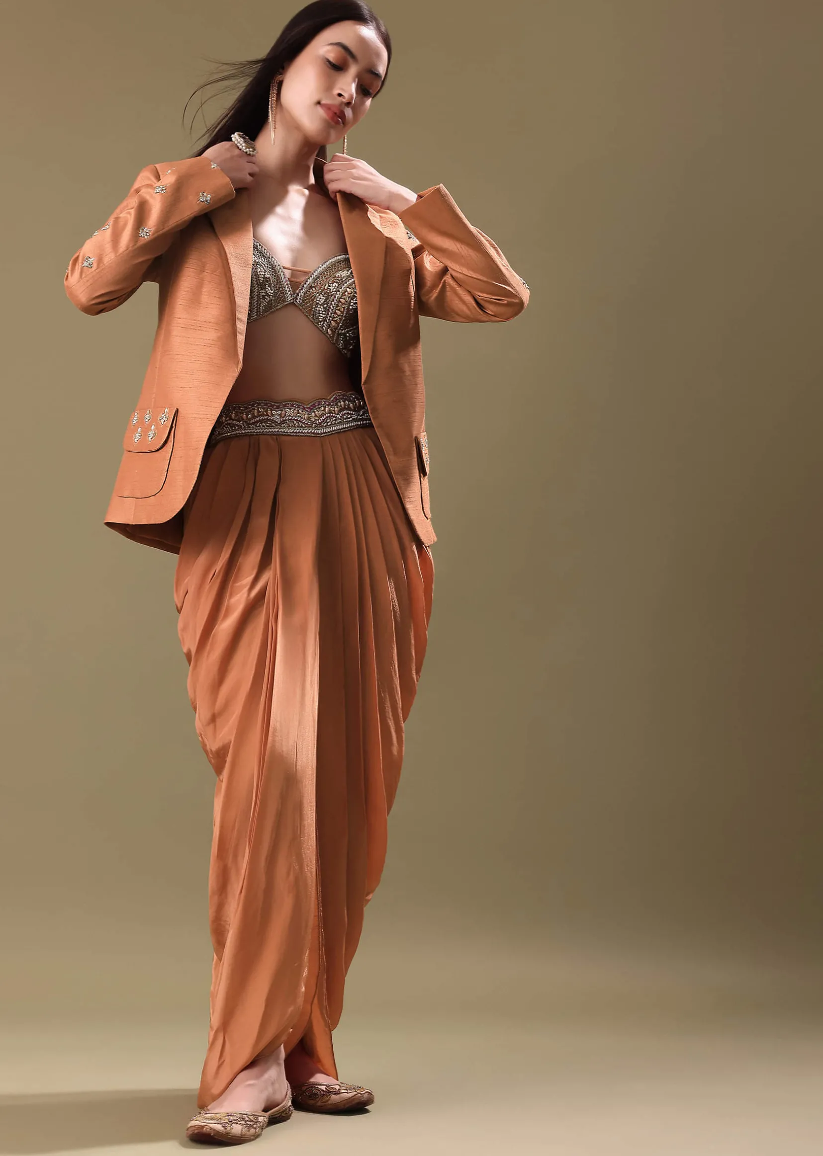 Bronze Crepe Blouse And Dhoti Set With Hand Work