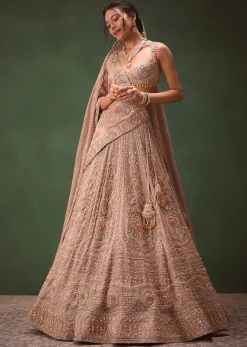 Bronze Self Embroidered Lehenga Set With Two Dupattas