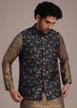 Bronze Silk Printed Kurta Set With Leaf Motifs