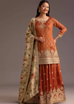 Brown And Gold Embroidered Palazzo Suit With Dupatta