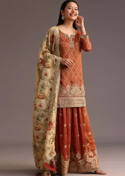 Brown And Gold Embroidered Palazzo Suit With Dupatta