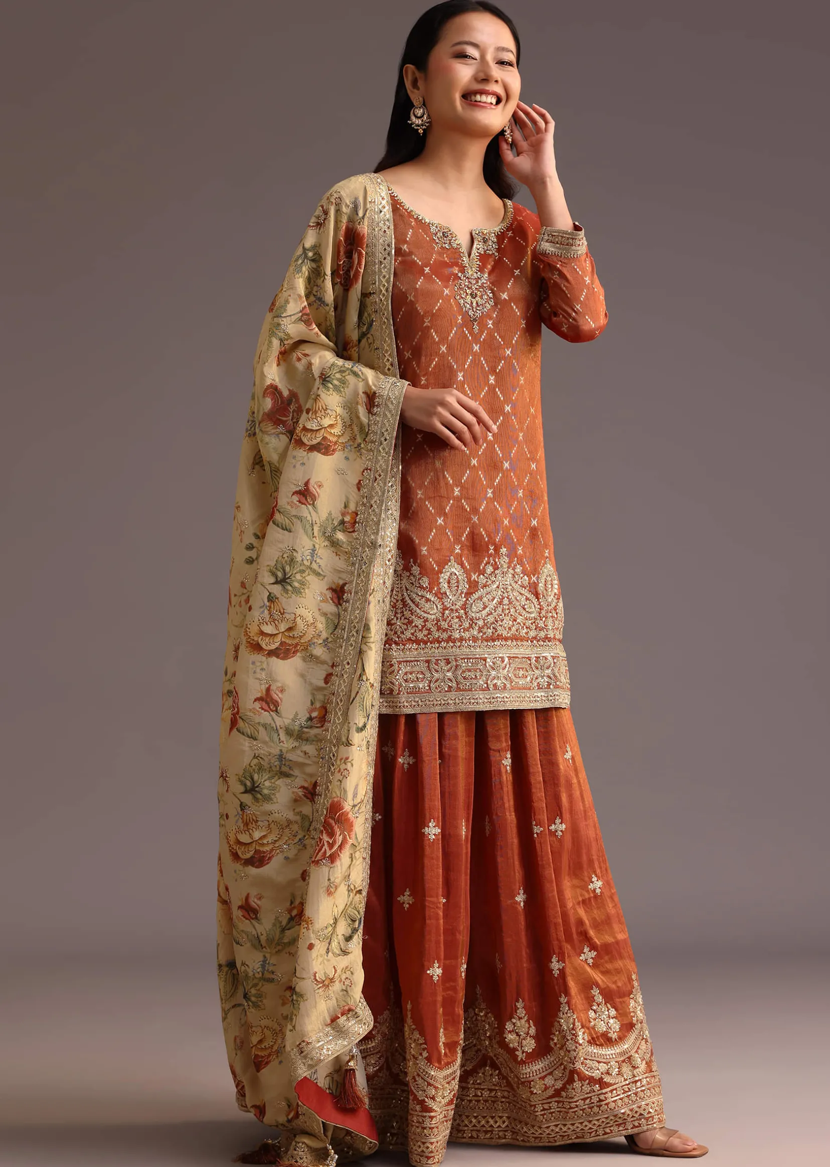Brown And Gold Embroidered Palazzo Suit With Dupatta