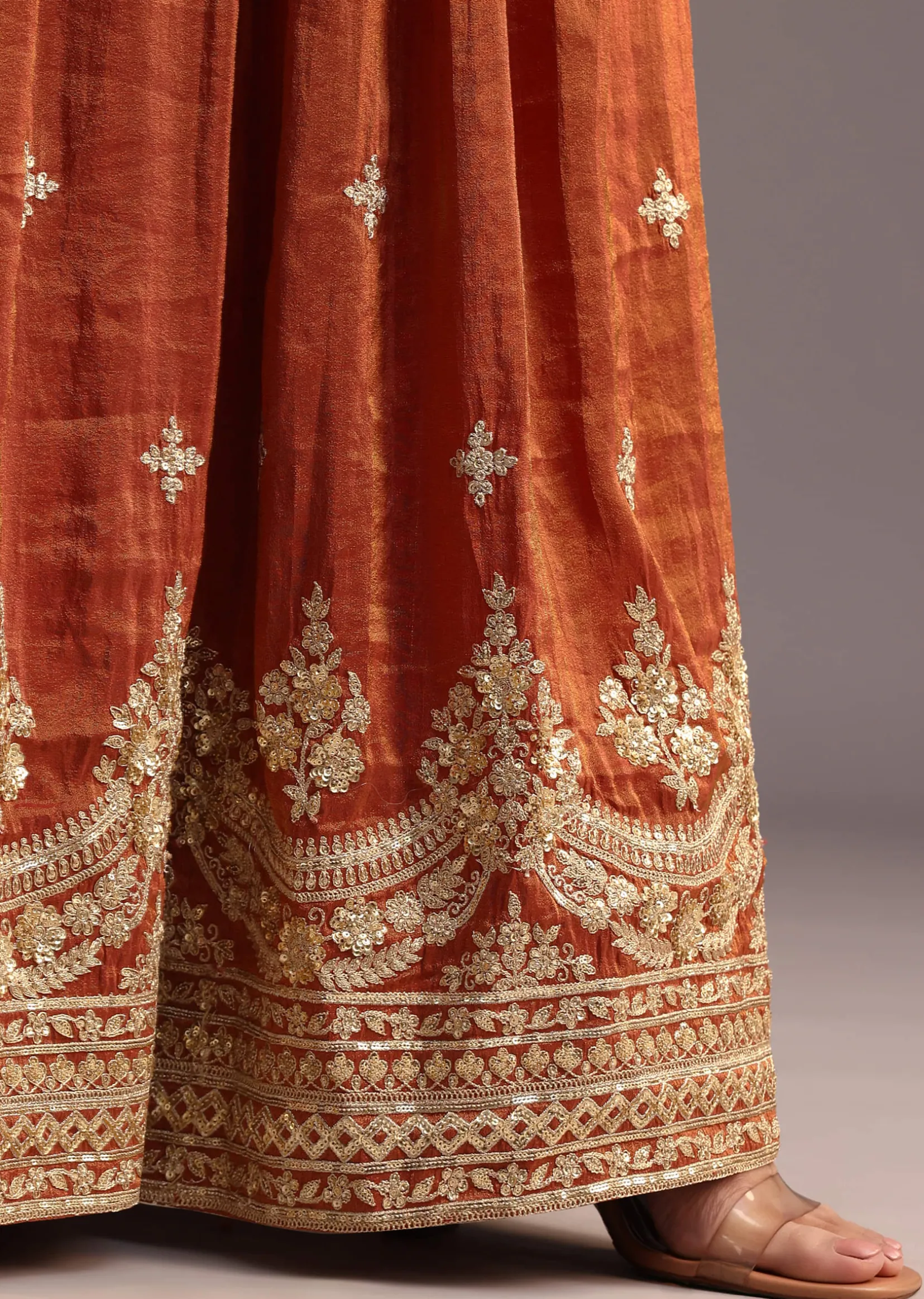 Brown And Gold Embroidered Palazzo Suit With Dupatta