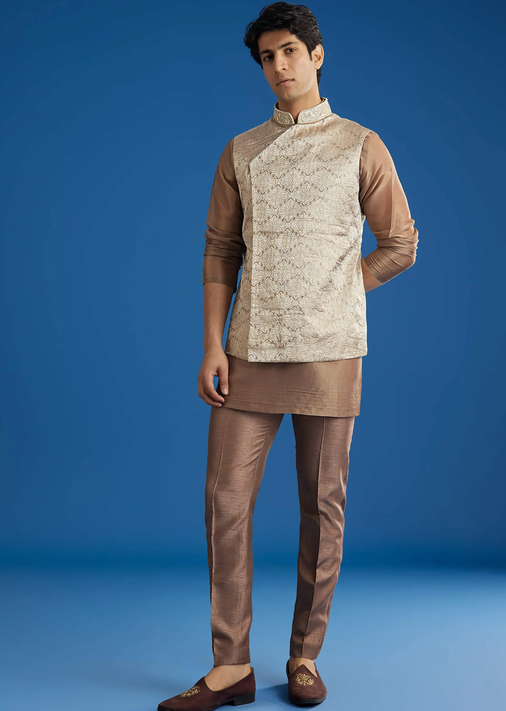 Brown Banarasi Silk Jacket Kurta Set With Cutdana Work