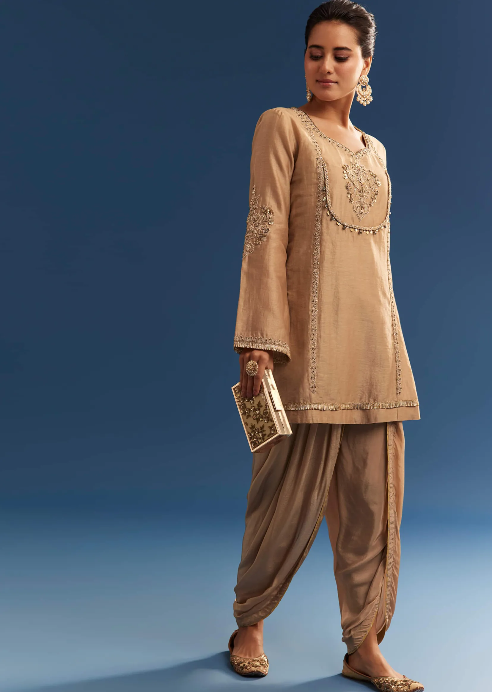 Brown Chanderi Embroidered Kurta Set With Crepe Dhoti And Gotta Detailing