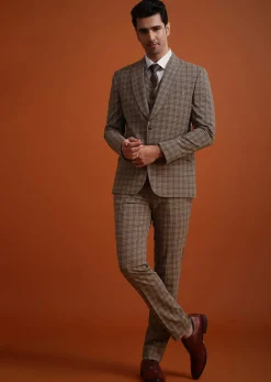 Brown Checkered Tuxedo And Pant Set