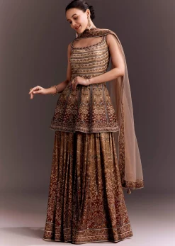 Brown Embroidered Palazzo Set With Peplum Kurta
