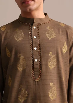 Brown Hand Block Printed Embroidered Kurta Set For Men
