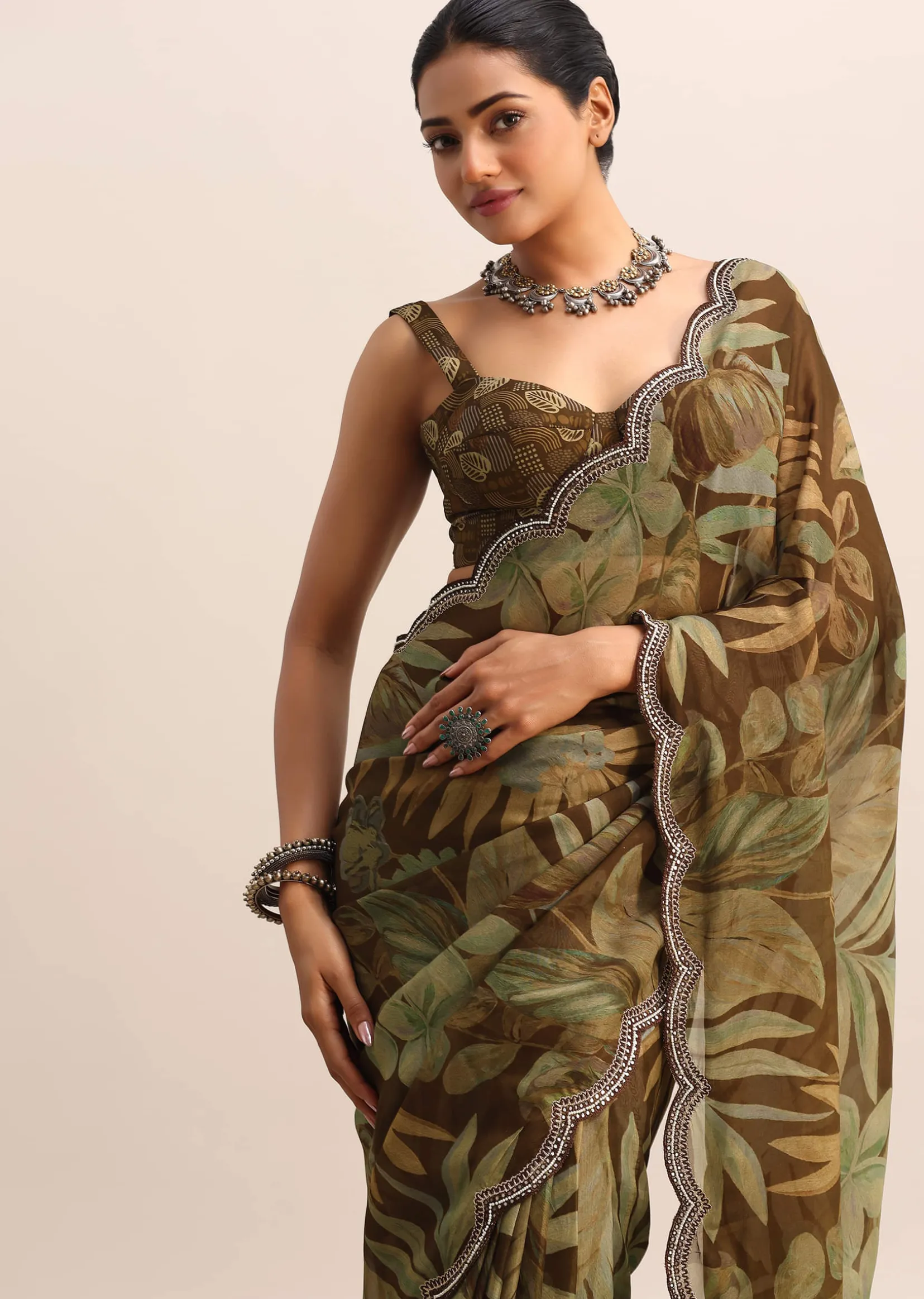 Brown Leaf Printed Soft Organza Saree With Embroidered Border