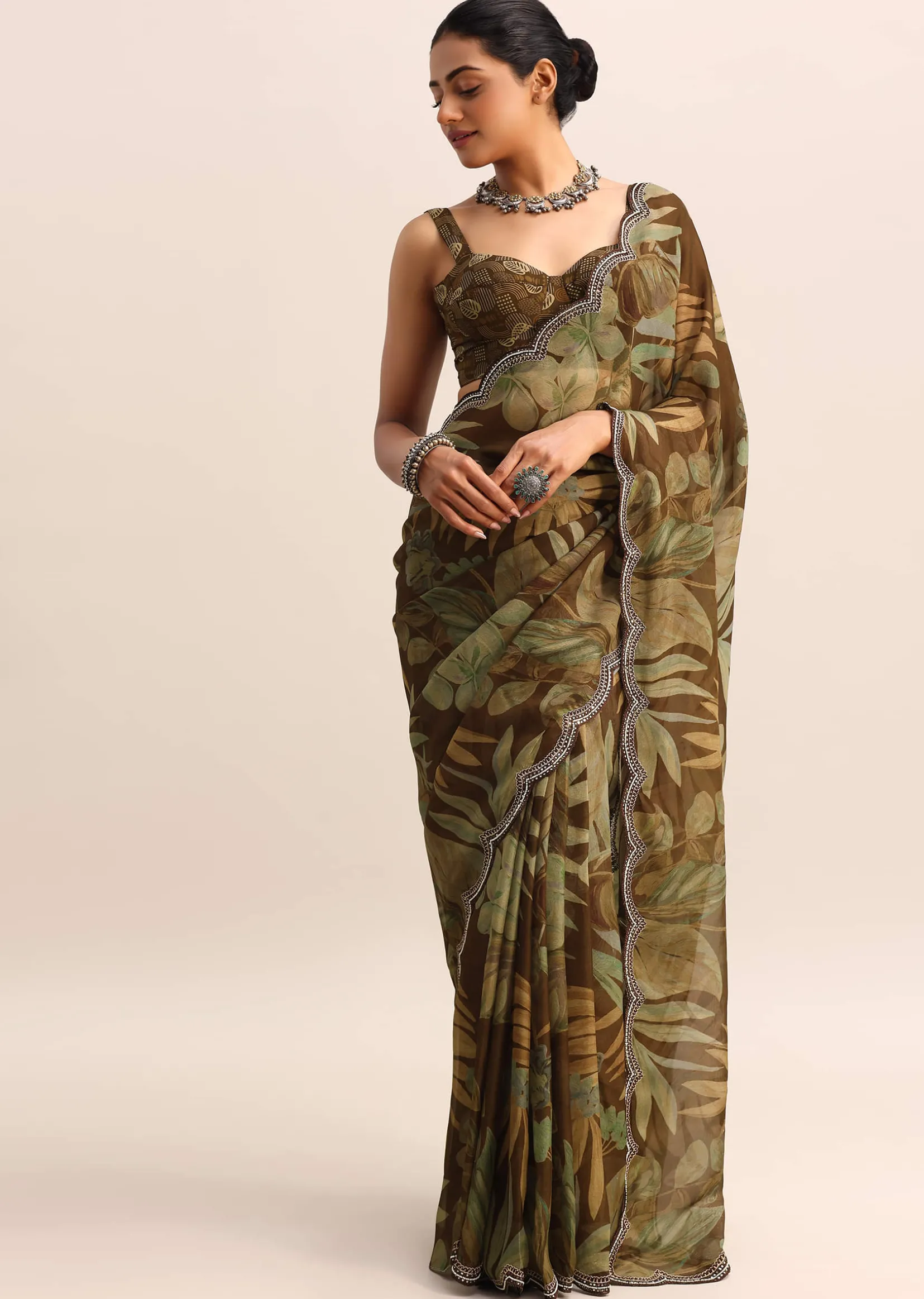 Brown Leaf Printed Soft Organza Saree With Embroidered Border