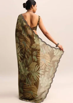 Brown Leaf Printed Soft Organza Saree With Embroidered Border