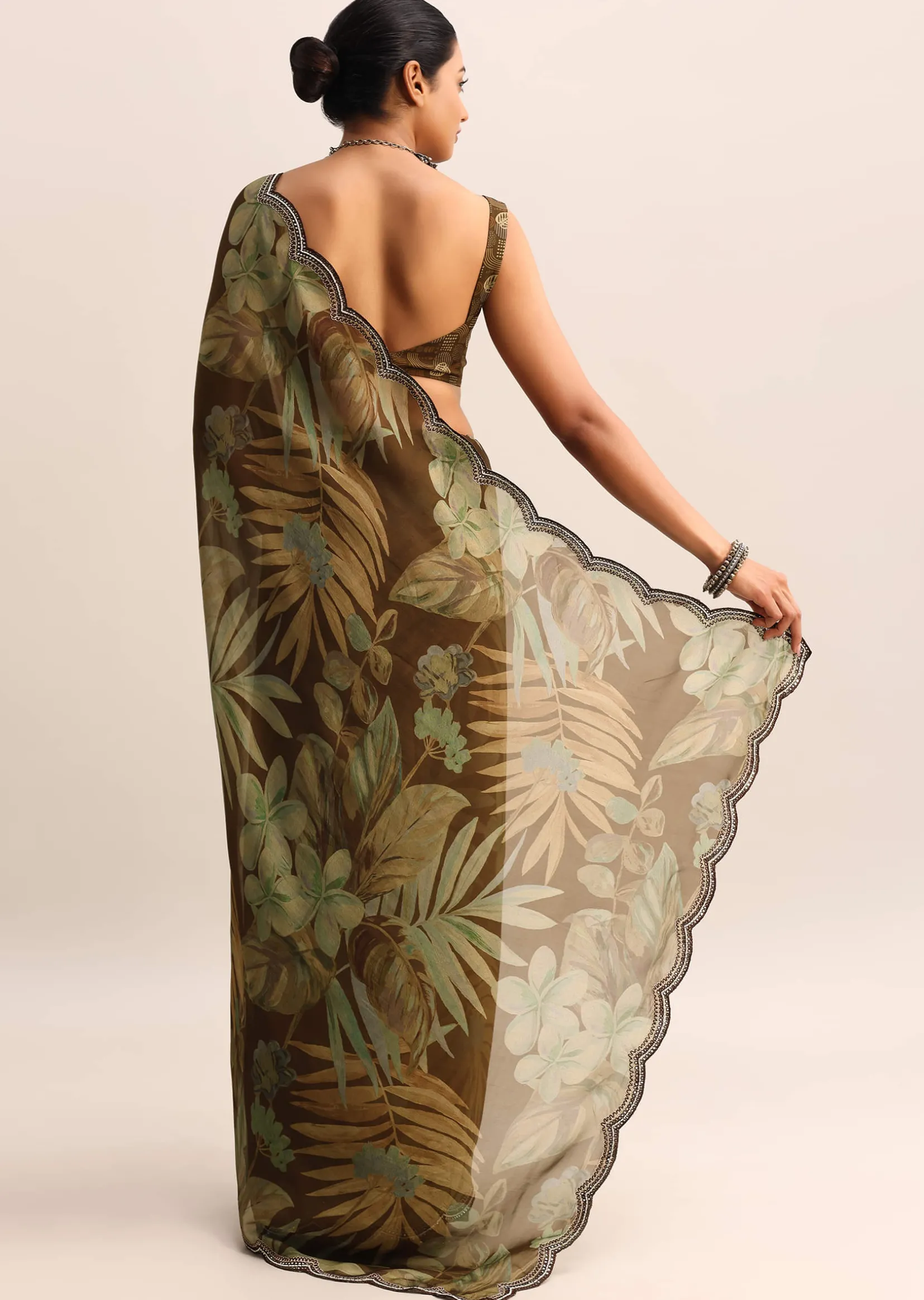 Brown Leaf Printed Soft Organza Saree With Embroidered Border