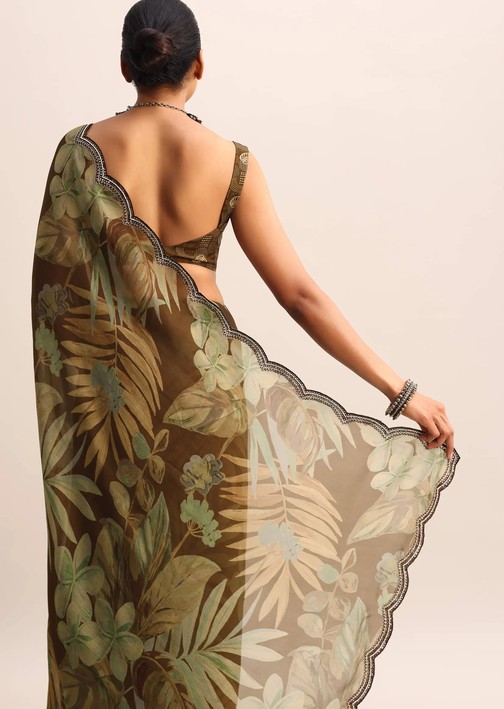 Brown Leaf Printed Soft Organza Saree With Embroidered Border