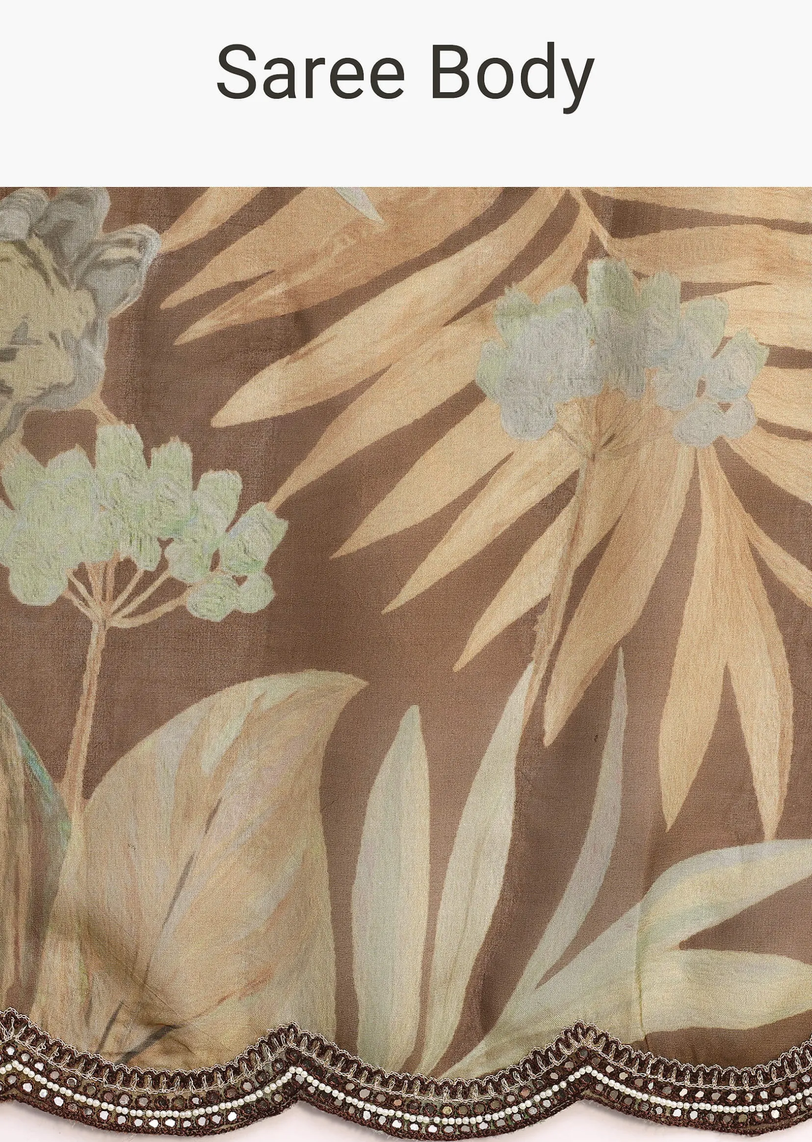 Brown Leaf Printed Soft Organza Saree With Embroidered Border
