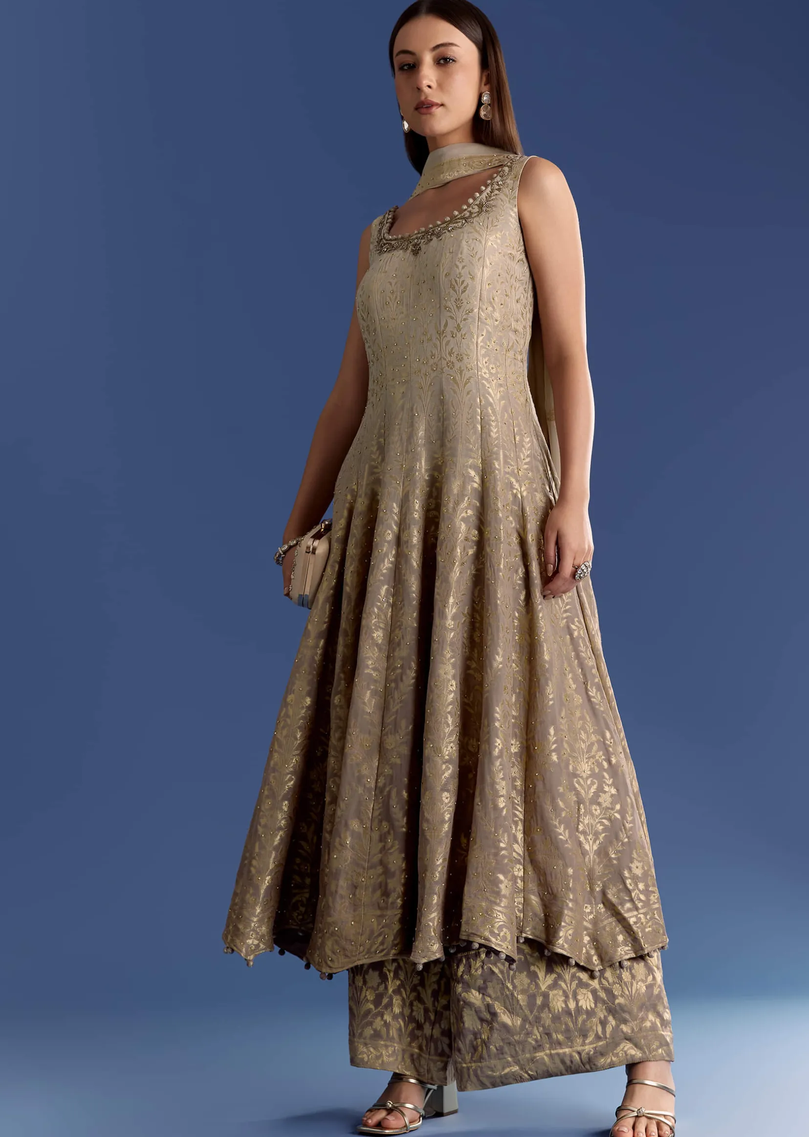 Brown Ombre Georgette Anarkali With Cutdana Neck And Zari Dupatta