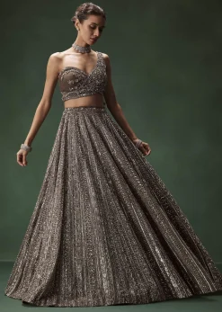 Brown One Shoulder Bridal Lehenga Set With All Over Sequins