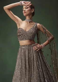 Brown One Shoulder Bridal Lehenga Set With All Over Sequins