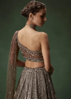 Brown One Shoulder Bridal Lehenga Set With All Over Sequins