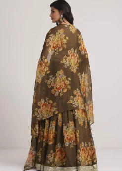 Brown Organza Floral Print Set With Zardosi And Sequins Work