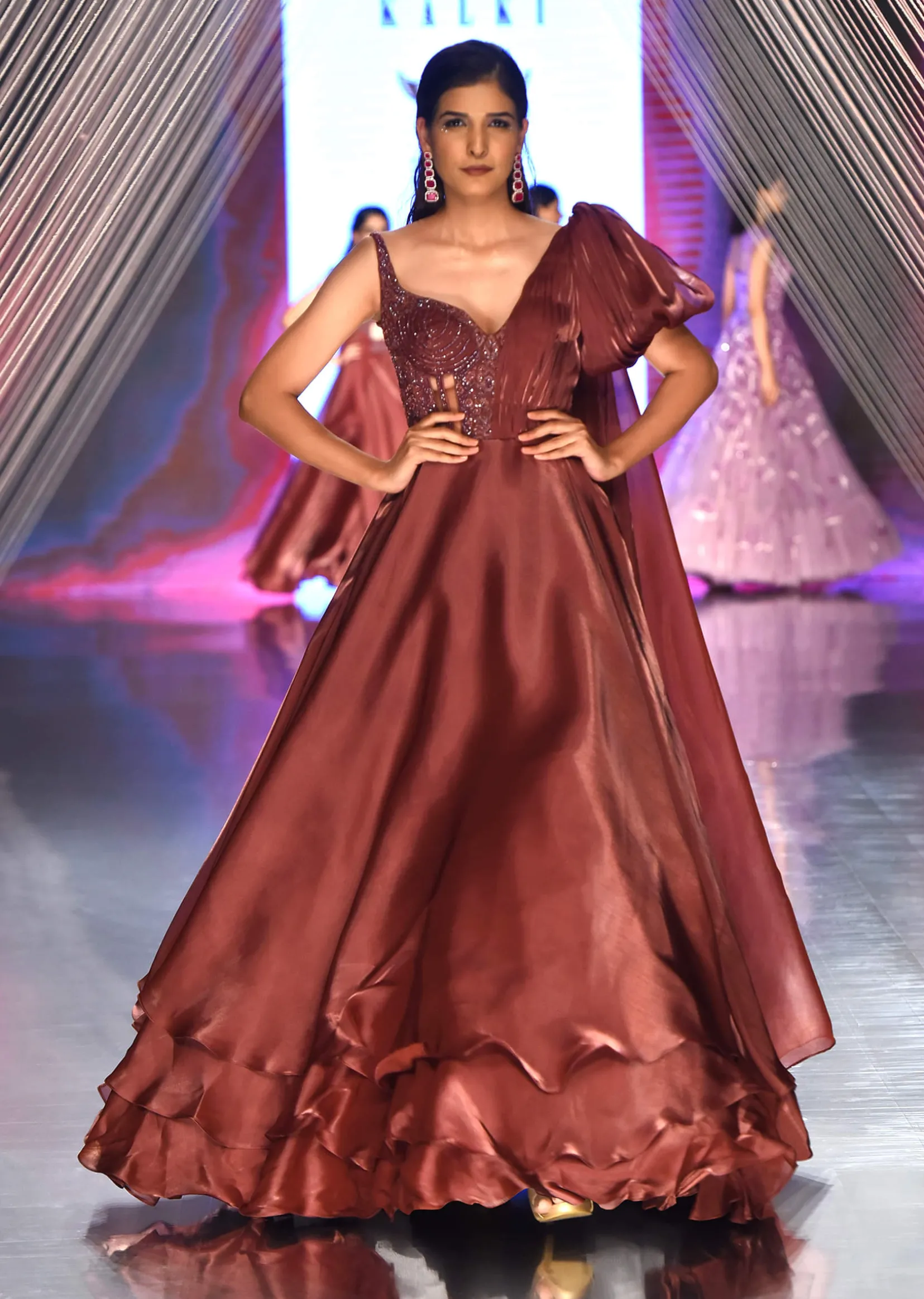 Brown Organza Gown In Sleeveless With Sequins Embroidery