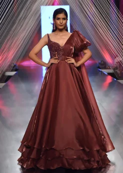 Brown Organza Gown In Sleeveless With Sequins Embroidery