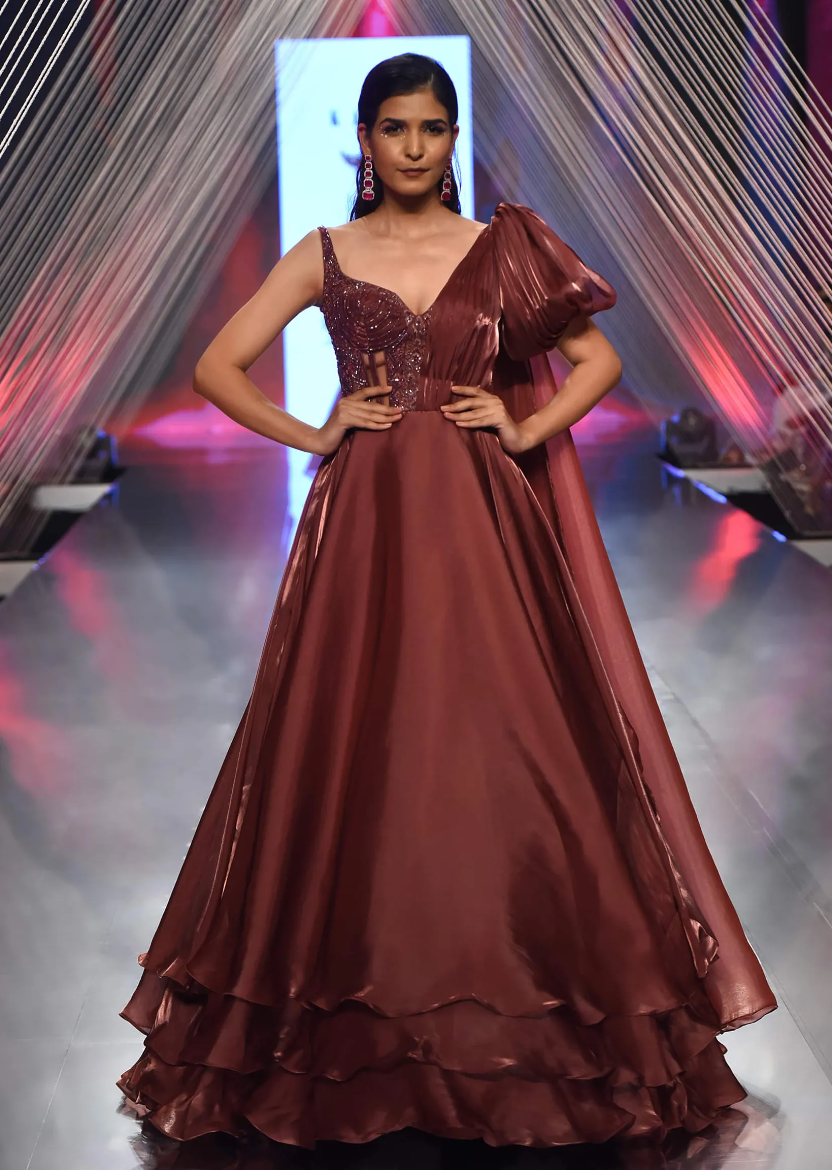 Brown Organza Gown In Sleeveless With Sequins Embroidery