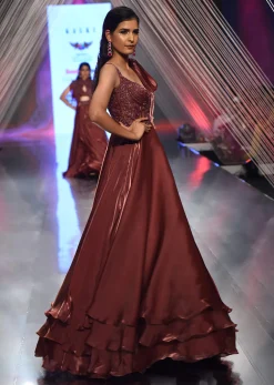 Brown Organza Gown In Sleeveless With Sequins Embroidery