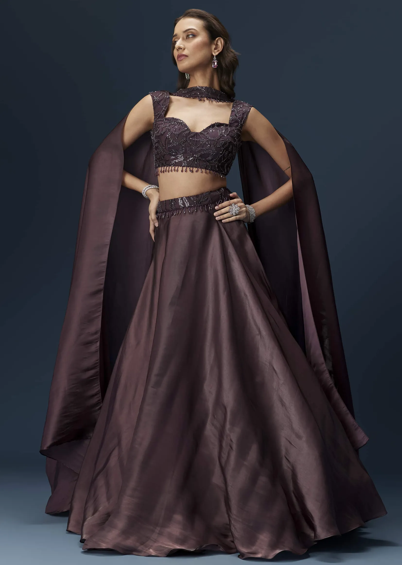 Brown Organza Lehenga Set With Sleeveless Sweetheart Blouse And Dupatta