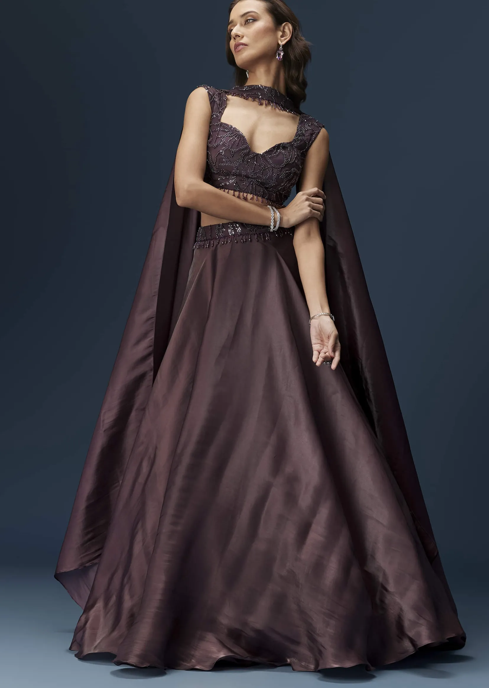 Brown Organza Lehenga Set With Sleeveless Sweetheart Blouse And Dupatta