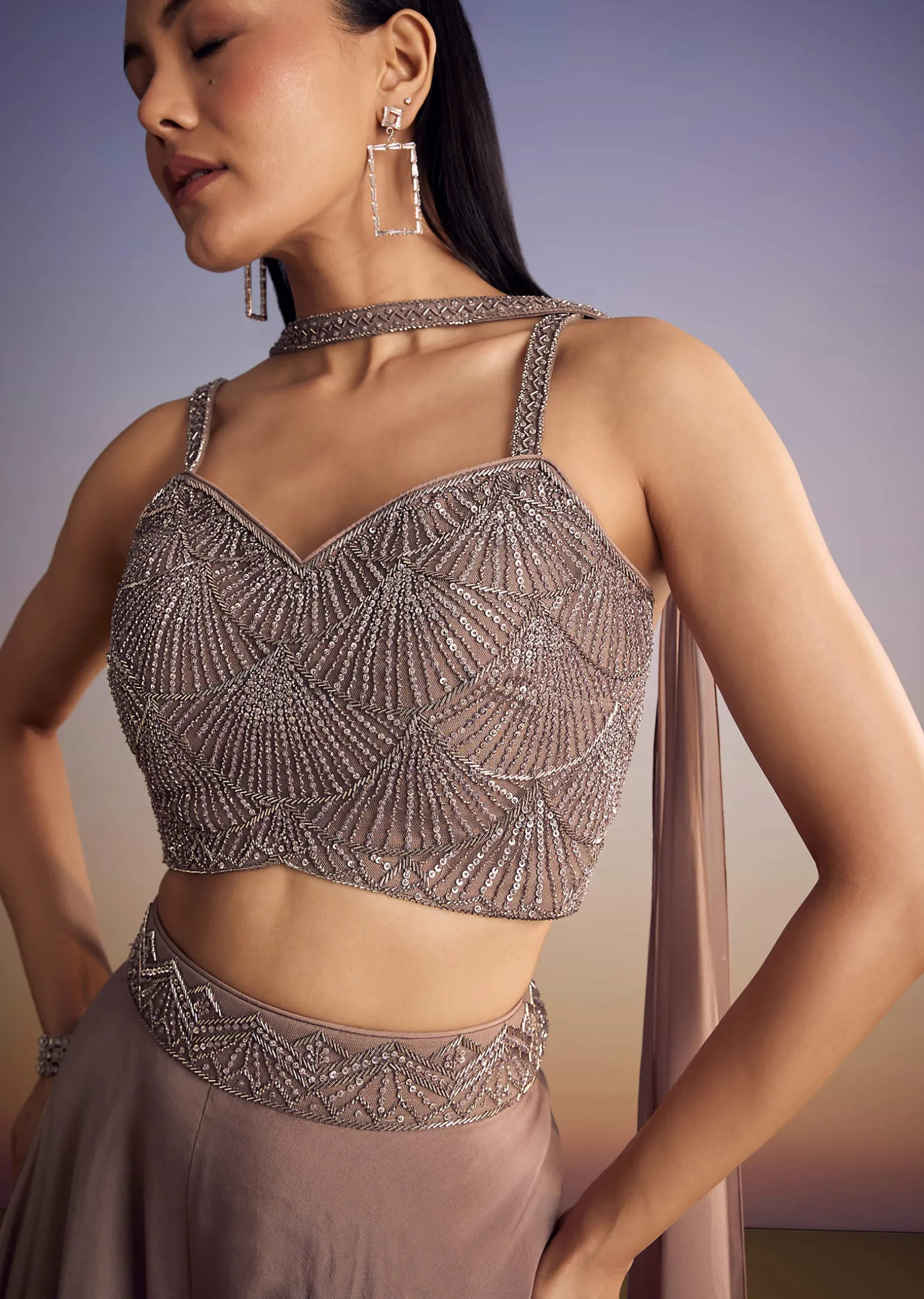 Brown Organza Palazzo Set With Cutdana And Sequins Dupatta
