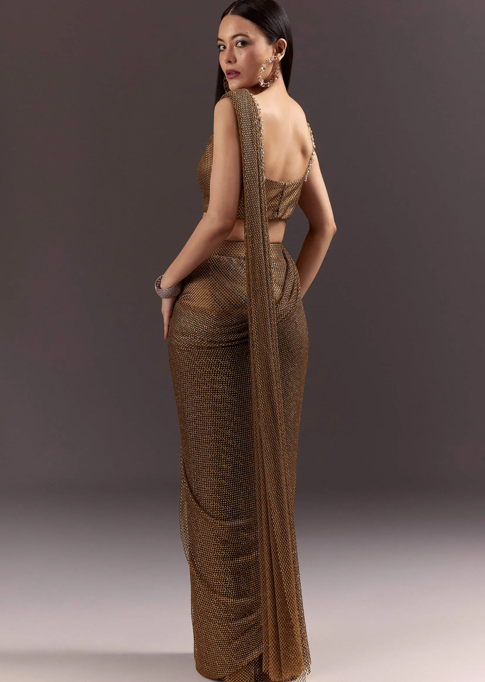 Brown Pre Stitched Crystal Embroidered Saree