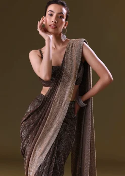 Brown Pre Stitched Saree With Cowl Blouse