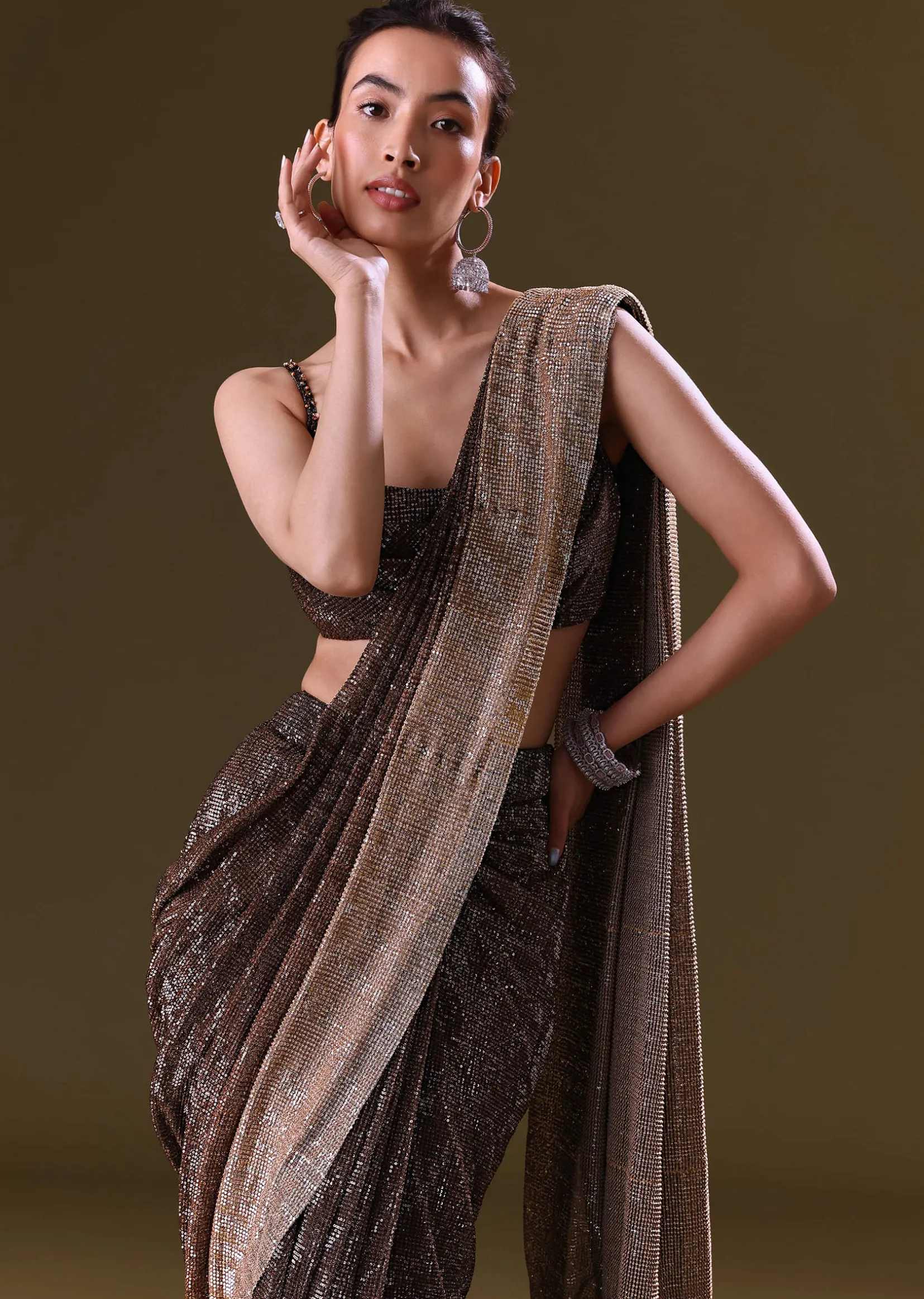 Brown Pre Stitched Saree With Cowl Blouse