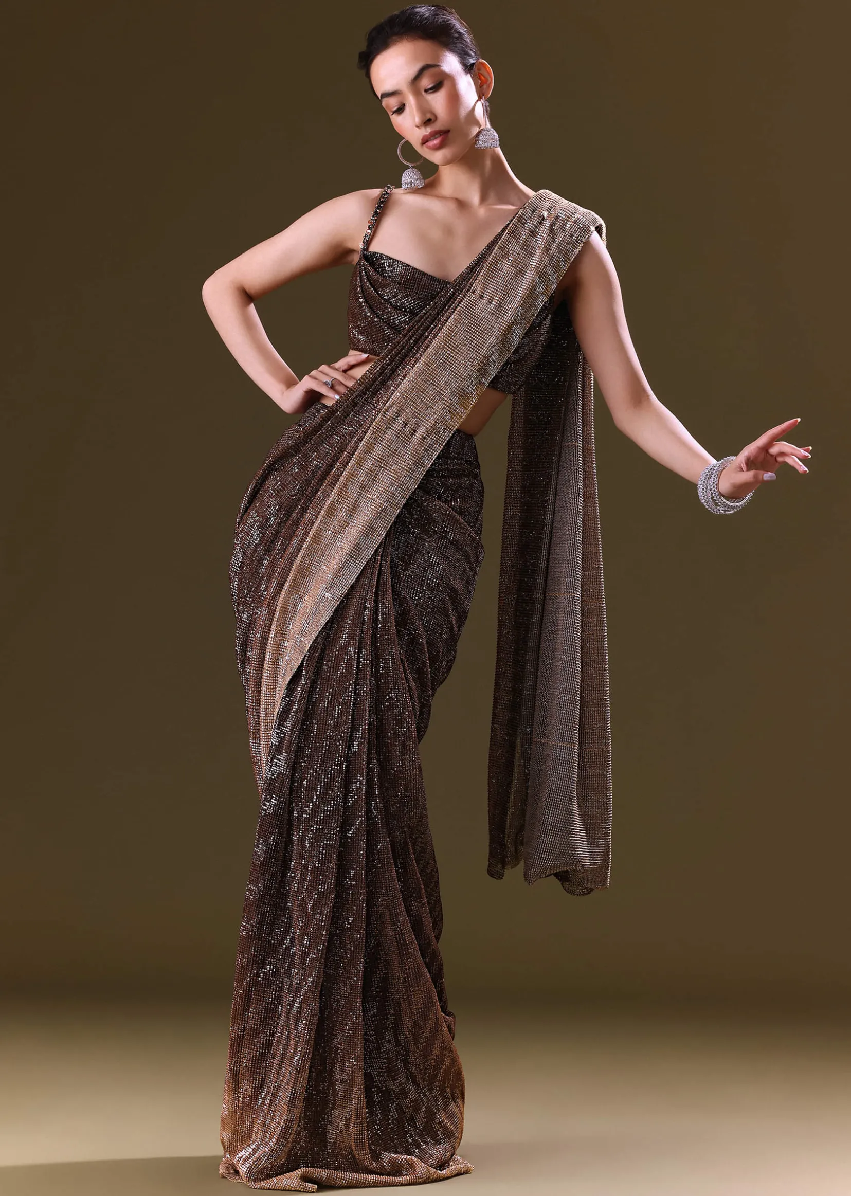 Brown Pre Stitched Saree With Cowl Blouse